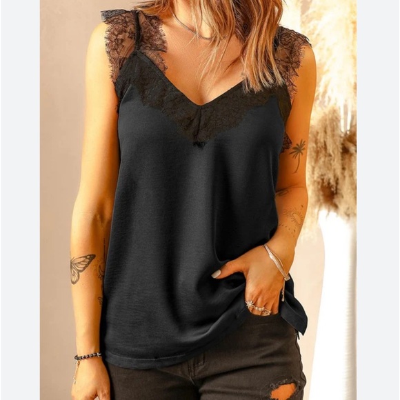 Black Eyelash Lace V Neck Cami - Picture 1 of 13